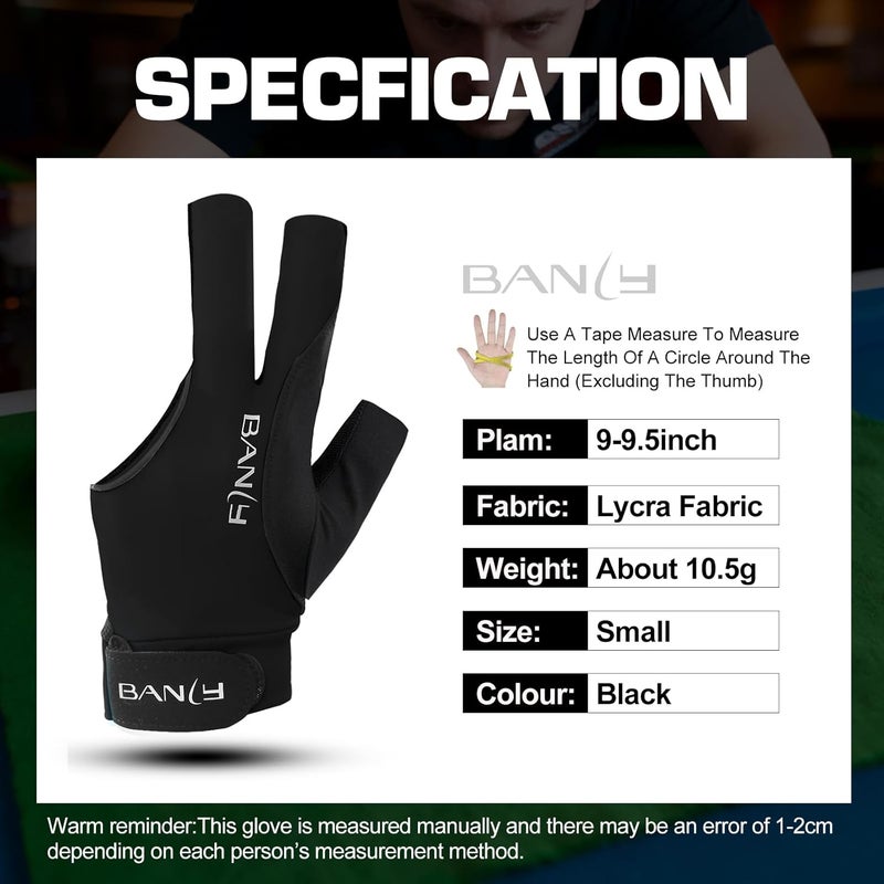 Banly Billiard Pool Gloves Fits on Left Hand 3 Finger, Small Snooker Cue Sport Glove, Billiards Players Sporty Compact Pull On Half Finger Billiard Glove - Image 5